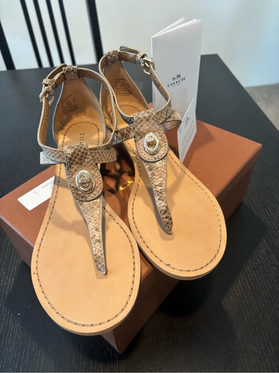 Coach Shoes - Coach Ingrid Tan Snakeskin-Print Thong Wedge Sandals with Gold Turnlock